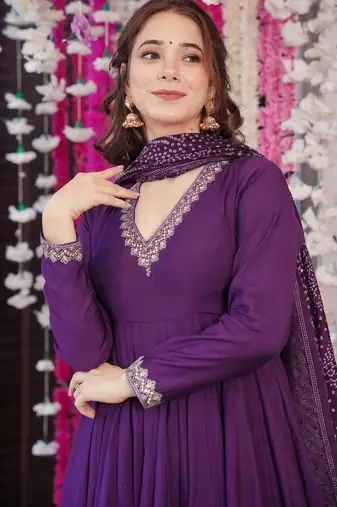 Wine color pv chanderi fabric designer embroidery work fancy graceful partywear suit