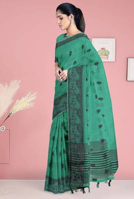 Sea green & charcoal black banarasi semi dupion saree with running blouse 4
