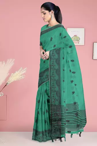 Sea green & charcoal black banarasi semi dupion saree with running blouse