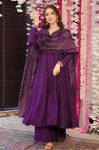Wine color pv chanderi fabric designer embroidery work fancy graceful partywear suit