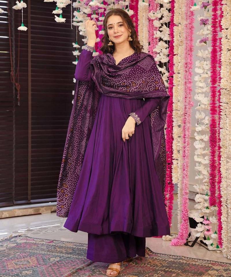 Wine color pv chanderi fabric designer embroidery work fancy graceful partywear suit