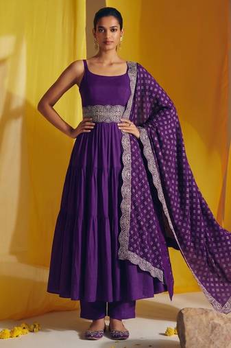 Purple vichitra silk embroidery work fancy graceful partywear suit