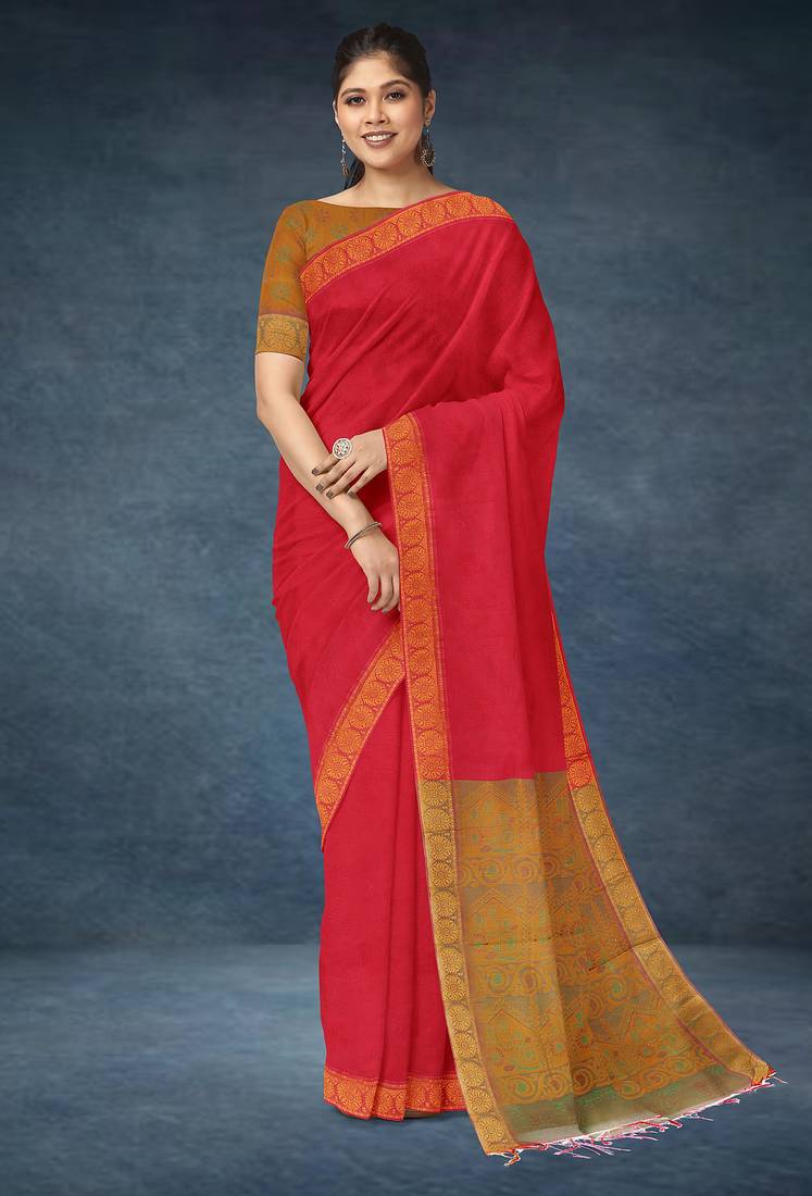 Crimson red & antique gold kovai cotton saree with running blouse