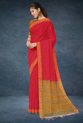 Crimson red & antique gold kovai cotton saree with running blouse 2