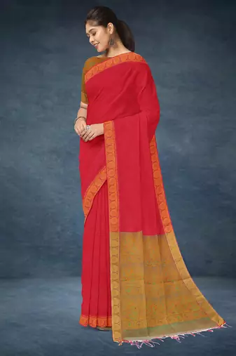Crimson red & antique gold kovai cotton saree with running blouse