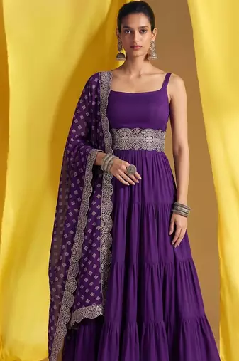 Purple color vichitra silk fabric designer embroidery work fancy graceful partywear suit