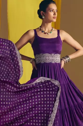 Purple color vichitra silk fabric designer embroidery work fancy graceful partywear suit