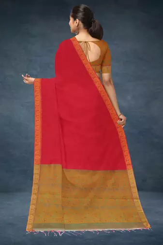 Crimson red & antique gold kovai cotton saree with running blouse