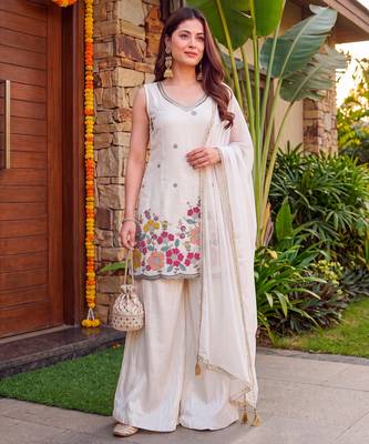 Off white french crepe embroidery work fancy graceful partywear suit 1