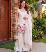 Off white french crepe embroidery work fancy graceful partywear suit