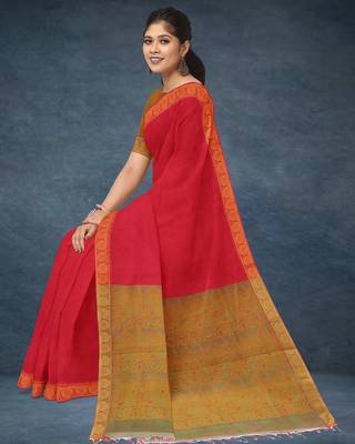 Crimson red & antique gold kovai cotton saree with running blouse 4