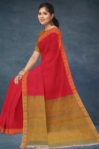 Crimson red & antique gold kovai cotton saree with running blouse