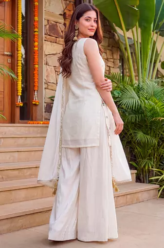 Off white color french crepe fabric designer embroidery work fancy graceful partywear suit