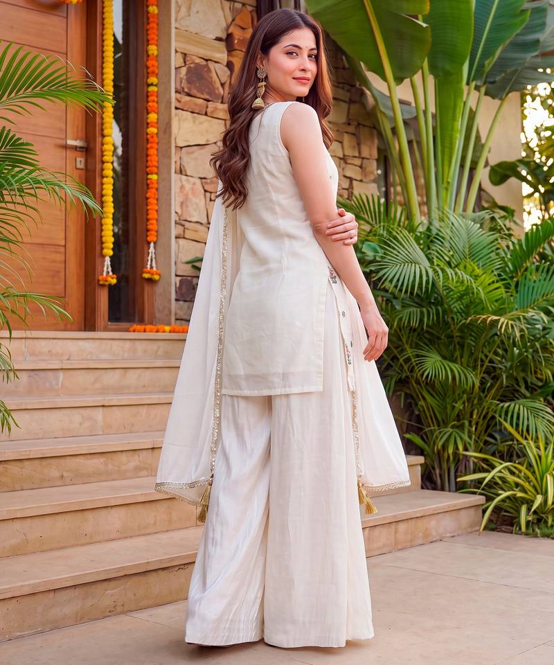 Off white french crepe embroidery work fancy graceful partywear suit