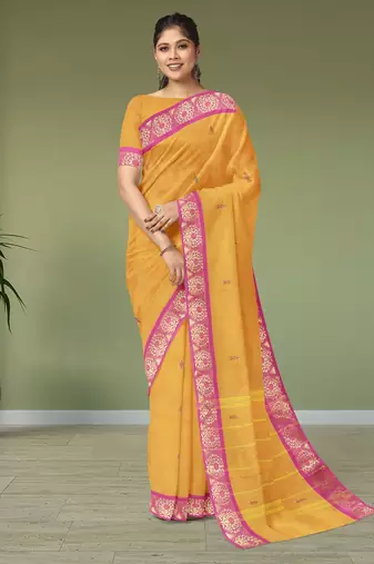 Marigold yellow & rani pink south cotton saree with running blouse