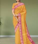 Marigold yellow & rani pink south cotton saree with running blouse