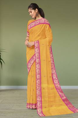 Marigold yellow & rani pink south cotton saree with running blouse 2