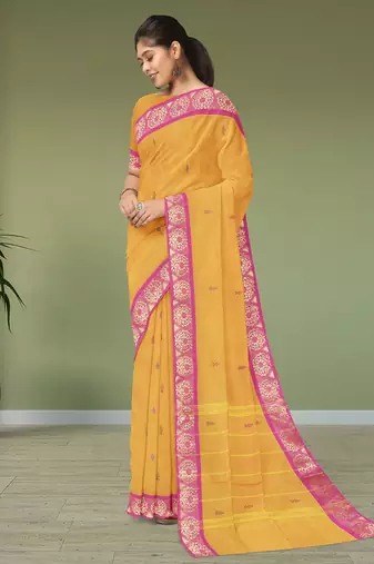 Marigold yellow & rani pink south cotton saree with running blouse