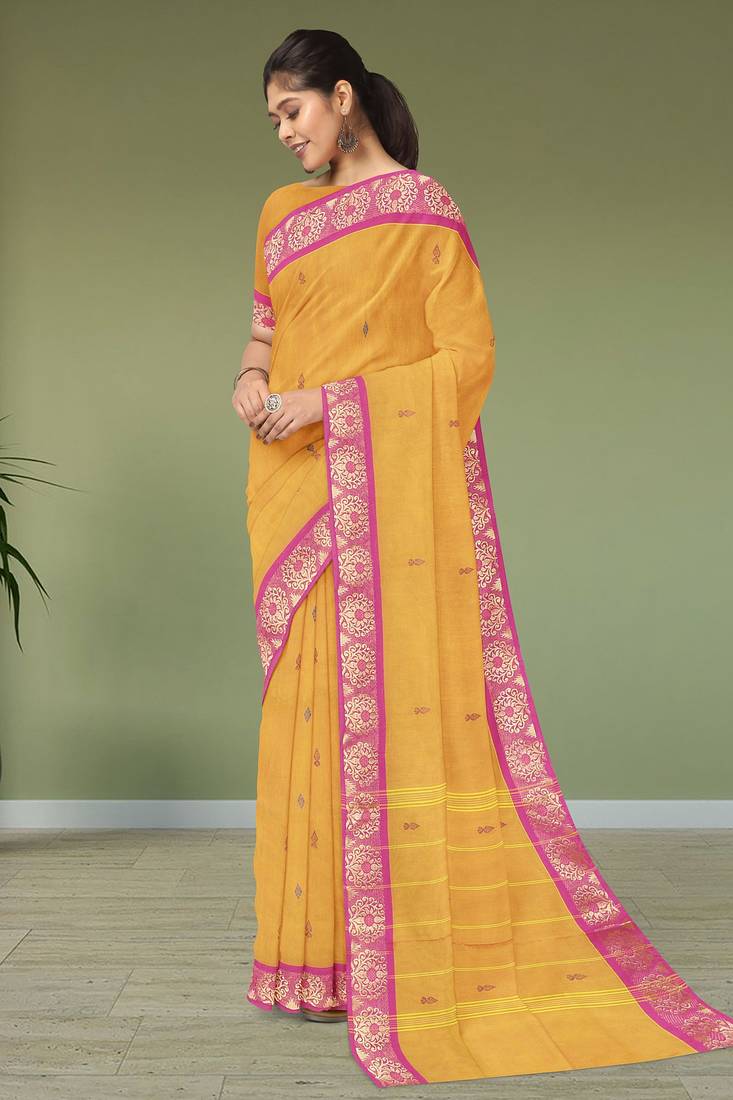 Marigold yellow & rani pink south cotton saree with running blouse
