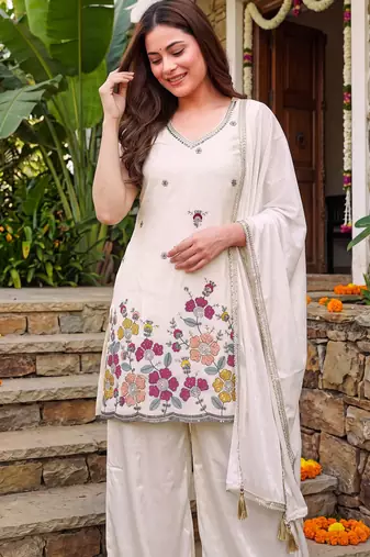 Off white color french crepe fabric designer embroidery work fancy graceful partywear suit