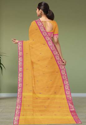 Marigold yellow & rani pink south cotton saree with running blouse 3