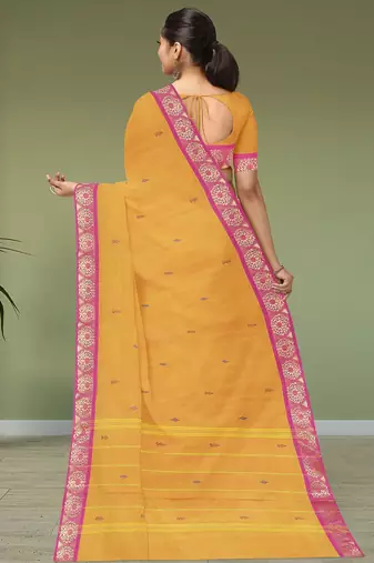 Marigold yellow & rani pink south cotton saree with running blouse