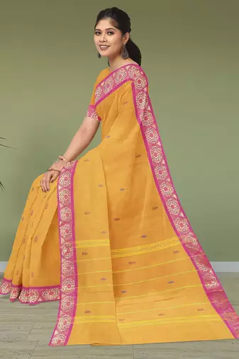 Marigold yellow & rani pink south cotton saree with running blouse