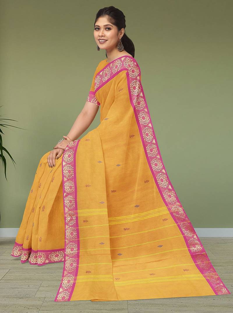 Marigold yellow & rani pink south cotton saree with running blouse