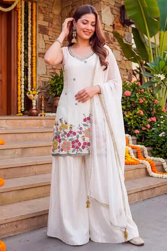 Off white color french crepe fabric designer embroidery work fancy graceful partywear suit