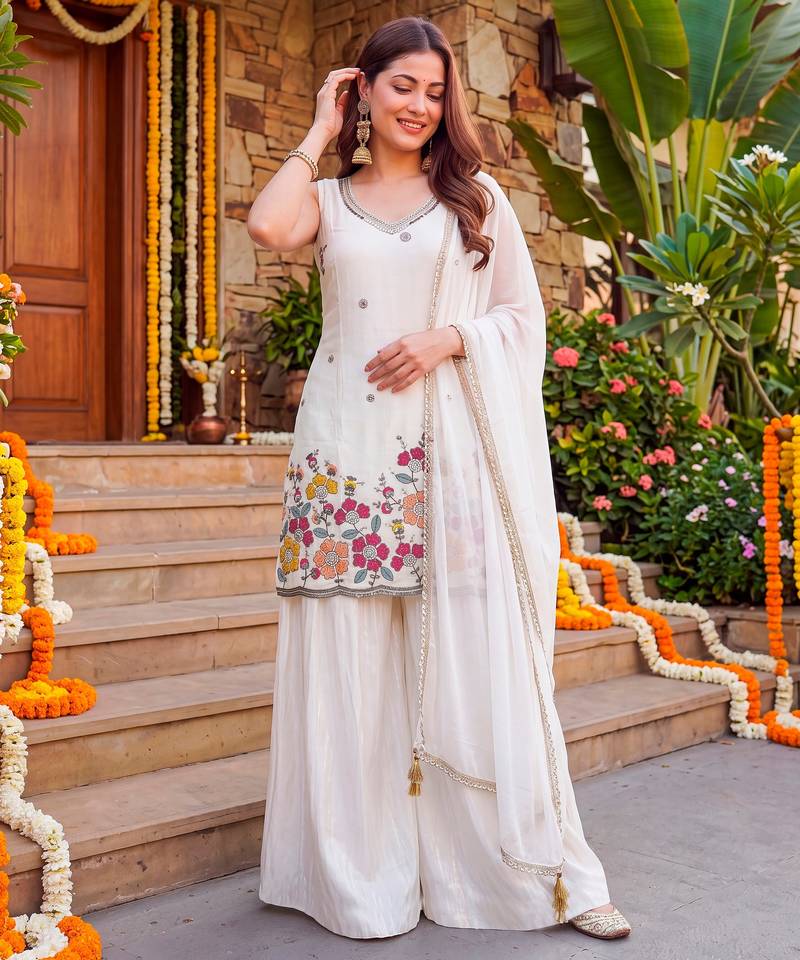 Off white french crepe embroidery work fancy graceful partywear suit