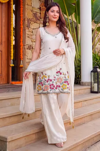 Off white color french crepe fabric designer embroidery work fancy graceful partywear suit