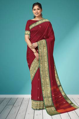 Deep wine maroon & emerald green south cotton saree with running blouse 1