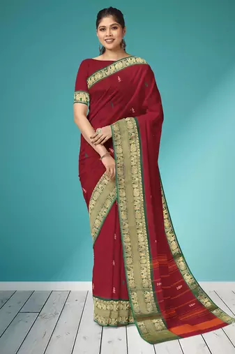 Deep wine maroon & emerald green south cotton saree with running blouse