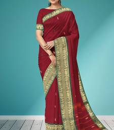 Deep wine maroon & emerald green south cotton saree with running blouse