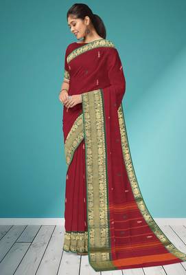 Deep wine maroon & emerald green south cotton saree with running blouse 2