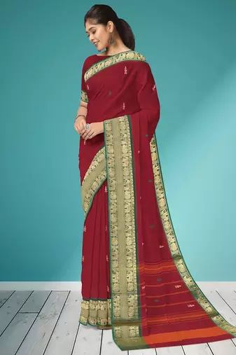 Deep wine maroon & emerald green south cotton saree with running blouse
