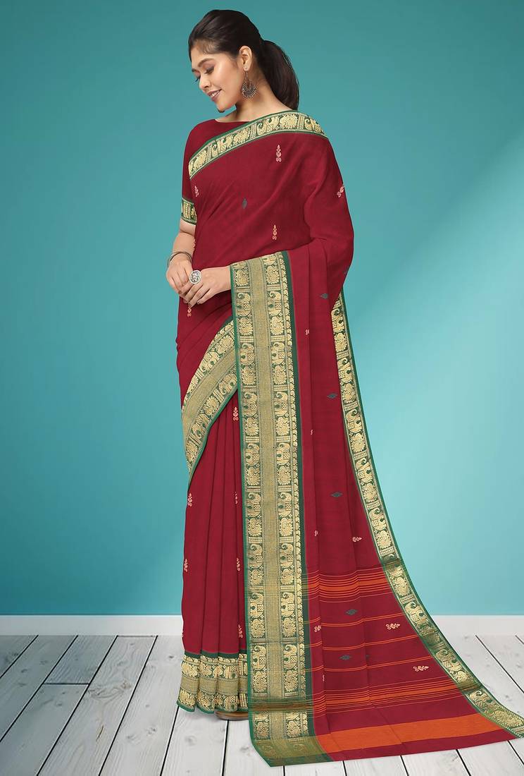 Deep wine maroon & emerald green south cotton saree with running blouse