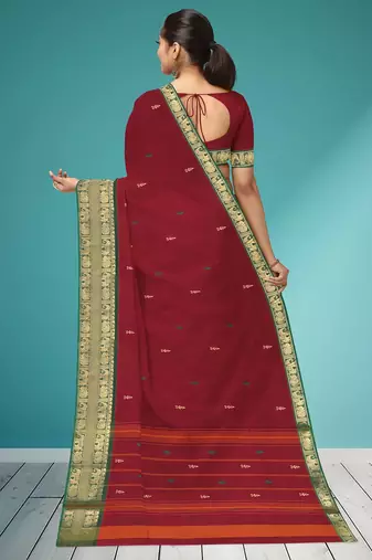 Deep wine maroon & emerald green south cotton saree with running blouse