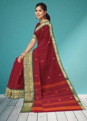 Deep wine maroon & emerald green south cotton saree with running blouse 4