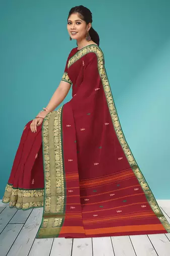 Deep wine maroon & emerald green south cotton saree with running blouse