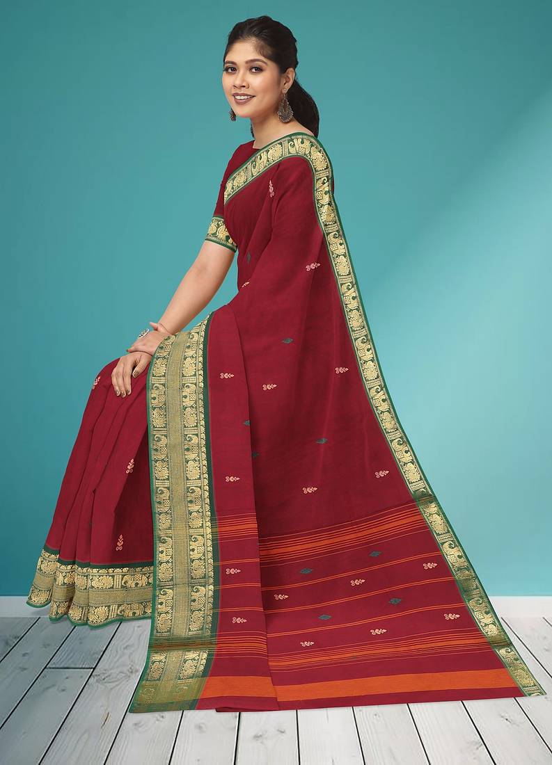 Deep wine maroon & emerald green south cotton saree with running blouse