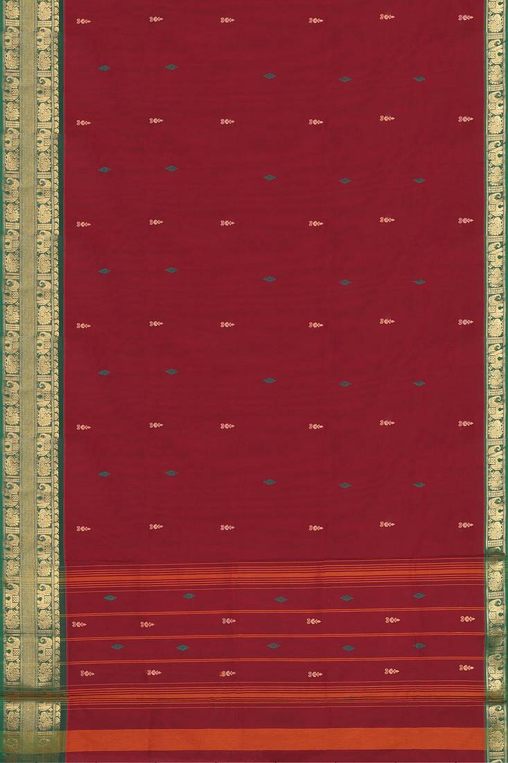 Deep wine maroon & emerald green south cotton saree with running blouse