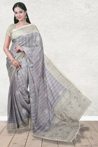 Lavender grey & mint green south cotton saree with running blouse