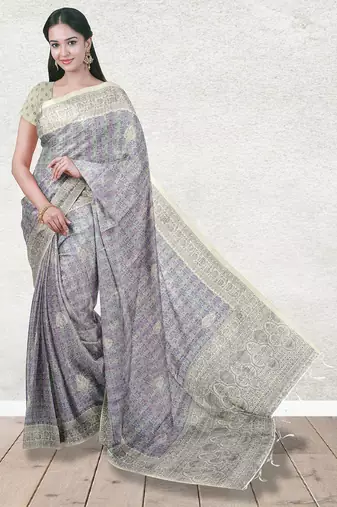 Lavender grey & mint green south cotton saree with running blouse