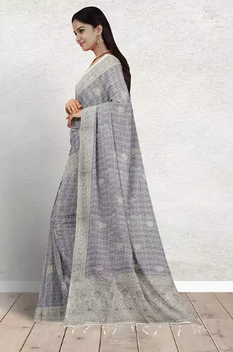Lavender grey & mint green south cotton saree with running blouse