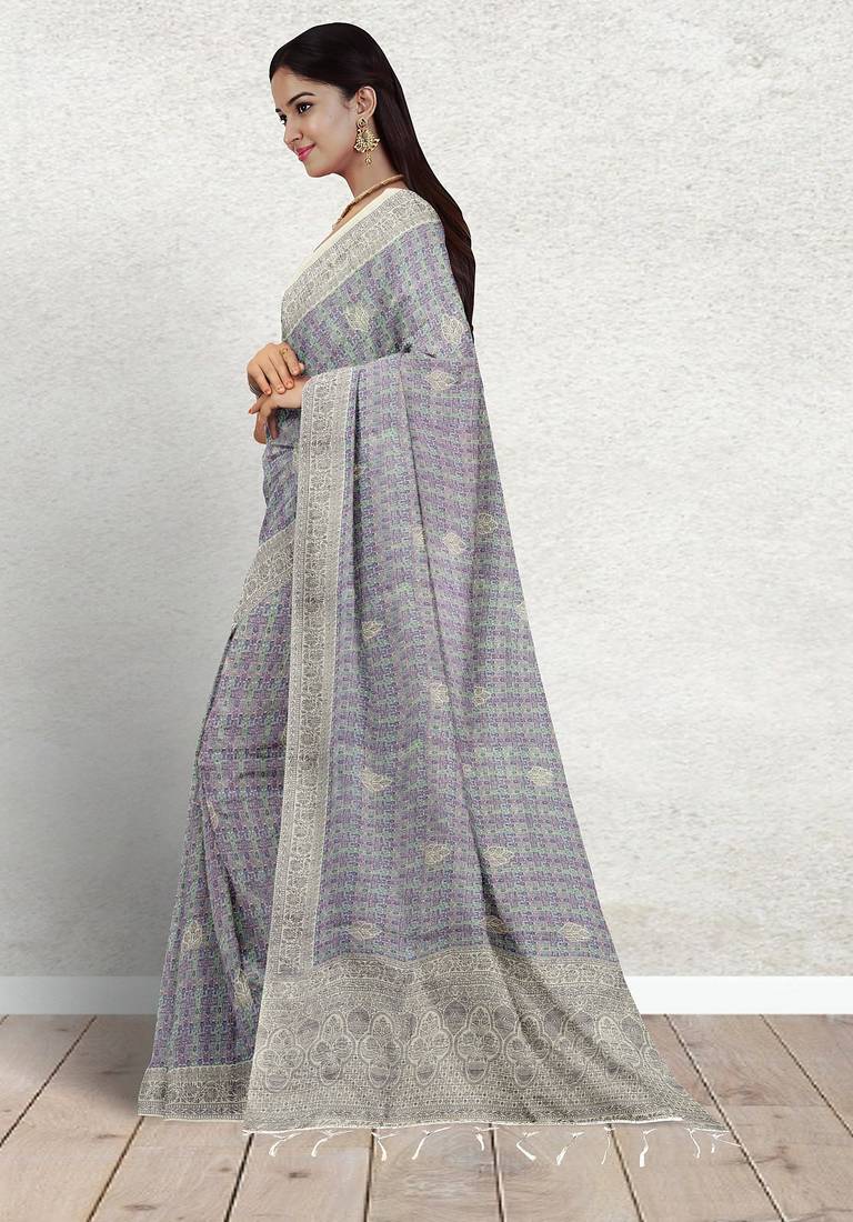 Lavender grey & mint green south cotton saree with running blouse