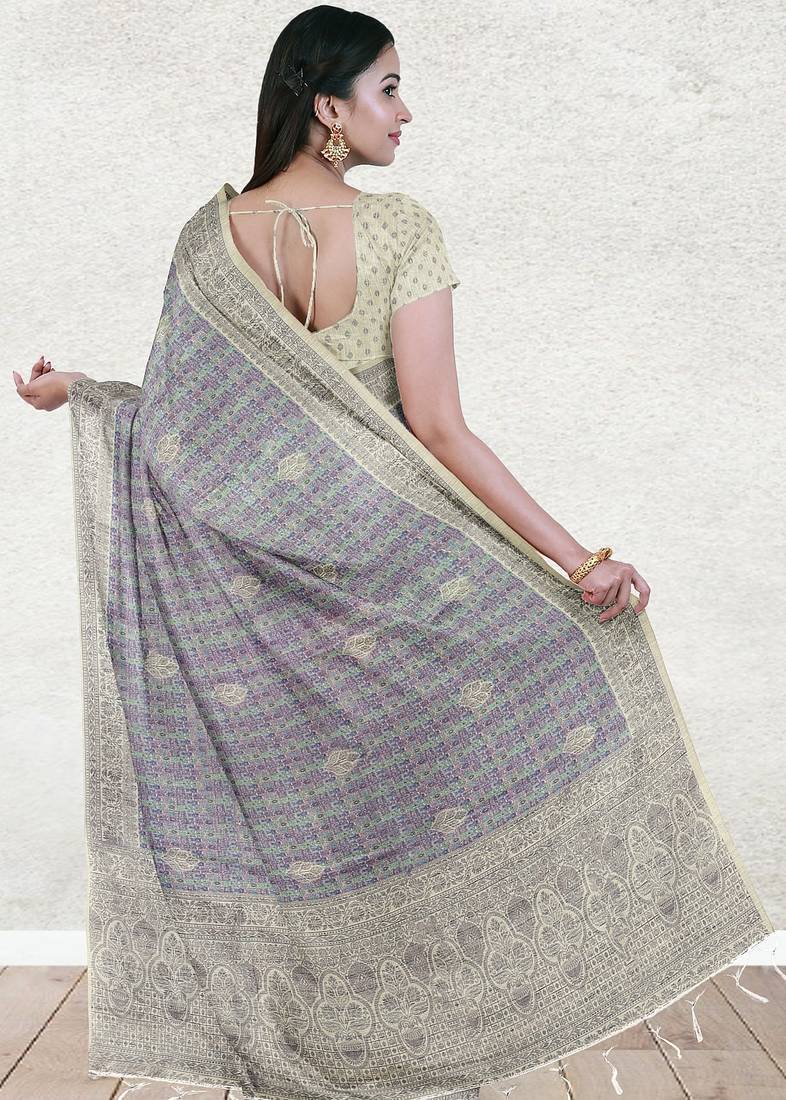 Lavender grey & mint green south cotton saree with running blouse