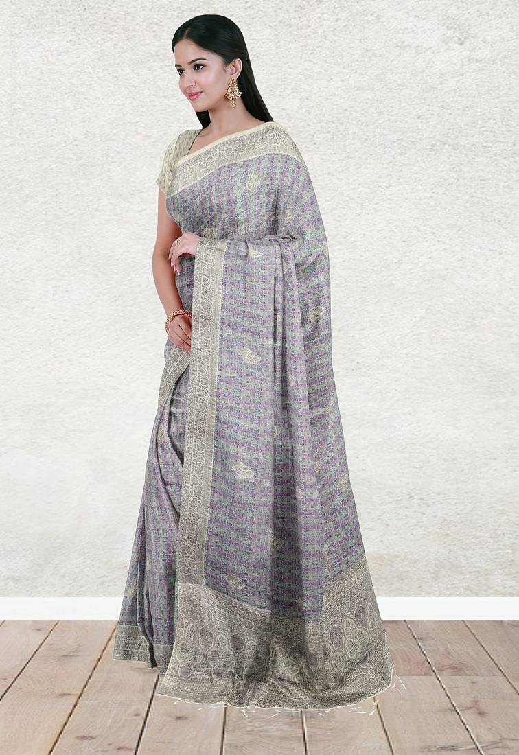 Lavender grey & mint green south cotton saree with running blouse