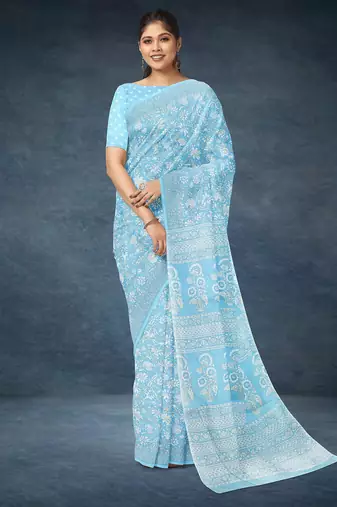 Powder blue & soft sky blue south cotton saree with running blouse