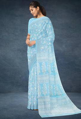 Powder blue & soft sky blue south cotton saree with running blouse 2